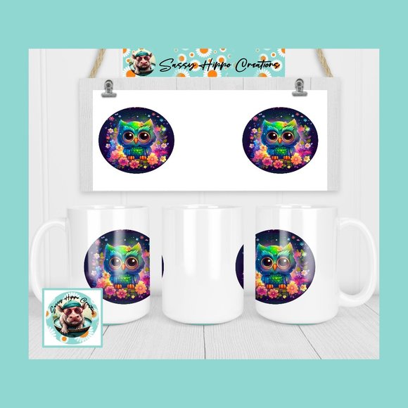 Ceramic Coffee Mug Neon Owl Colorful Flowers 15oz Hand Sublimated Sassy Hippo - Picture 1 of 4